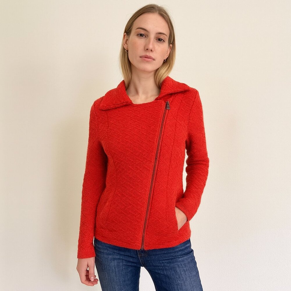 Lucky Brand Orange Zip Up Sweater Small Fitted Cotton Blend Asymmetrical Jacket